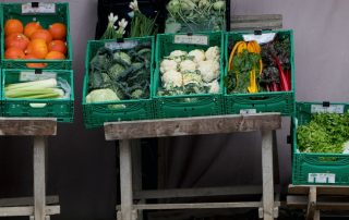 Kisten mit frischem Gemüse vor unserem Verkaufsstand