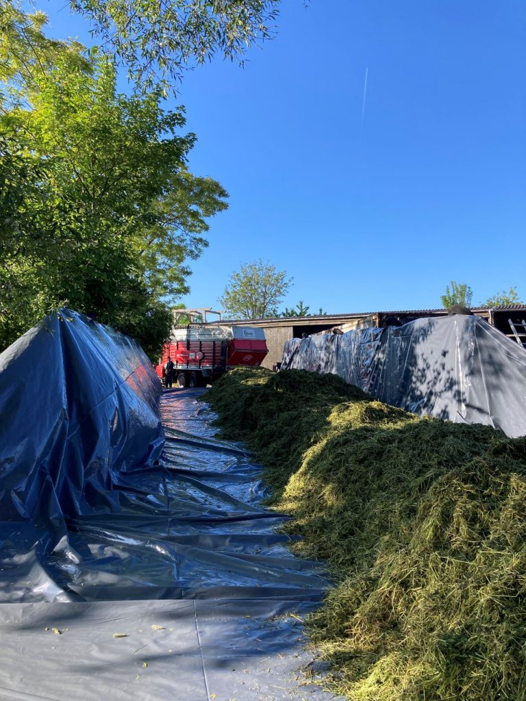 ein LKW ist mitten in einem Hof geparkt neben einem großen Heuhaufen